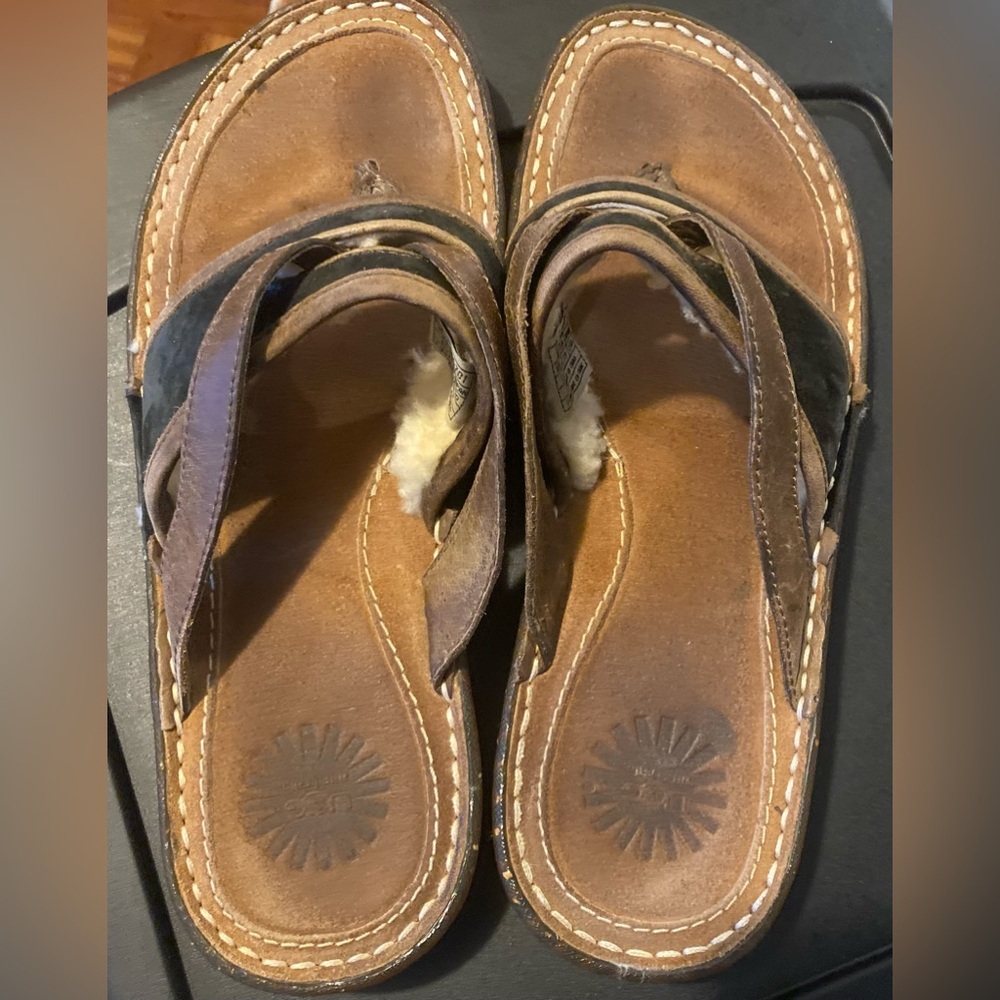 UGG Brown Leather Shearling-Trim Sandals